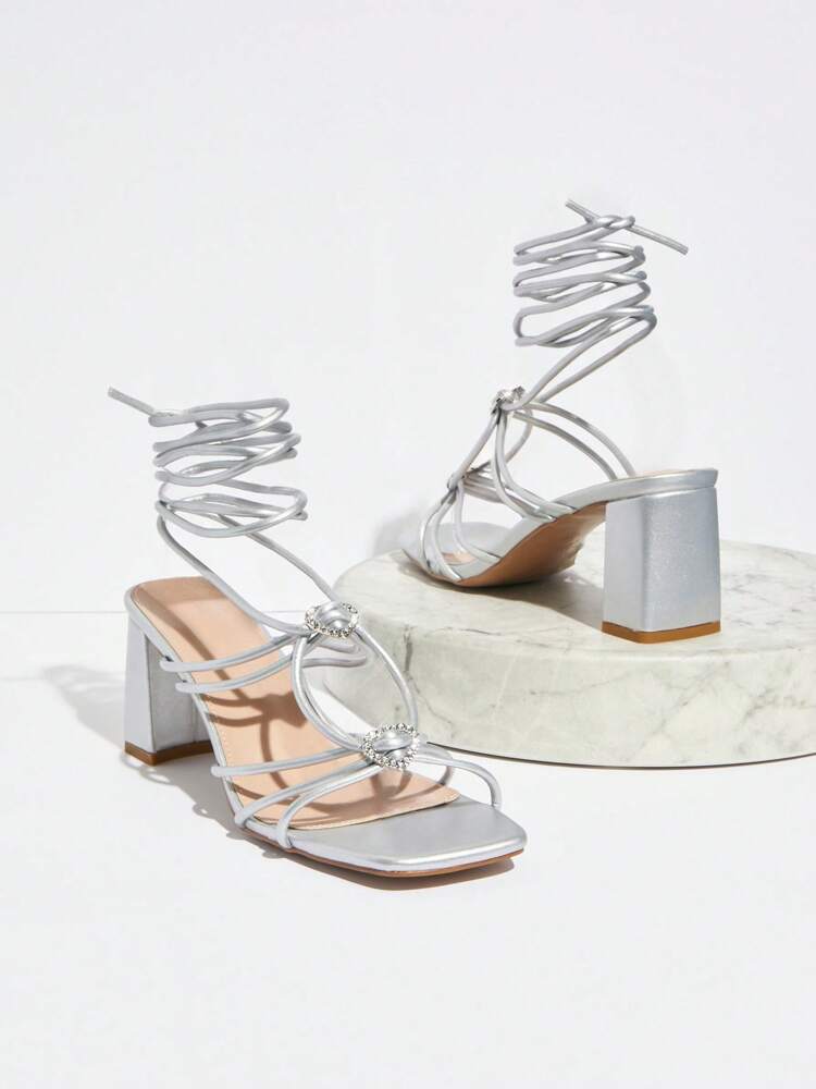 SHUZIA Women's High Heel Sandals With Rhinestone Embellished Cross Straps