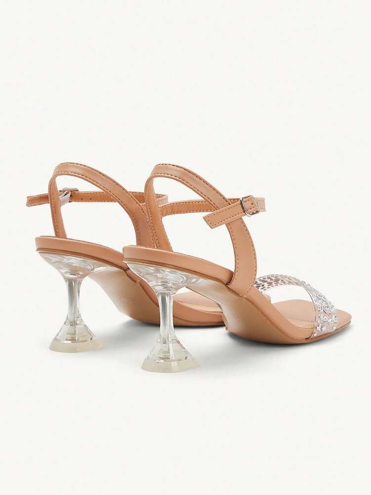 CUCCOO CHICEST Women's Pointed Toe Ankle Strap Glass Crystal Embellished Apricot High Heel Sandals