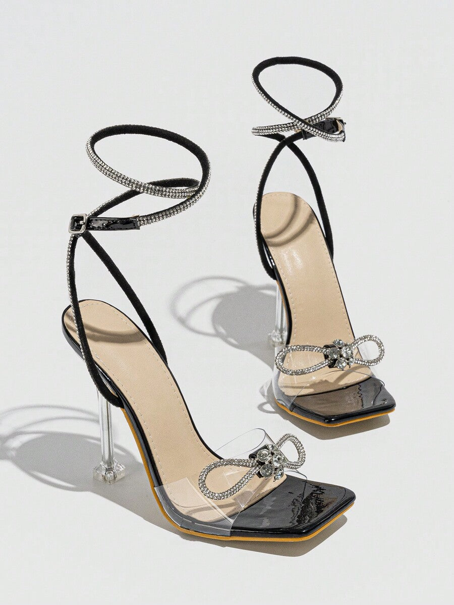 Women Silver Sandals Peep-Toe Open-Toe Band Strap With Rhinestone Buckle Bow-Knot