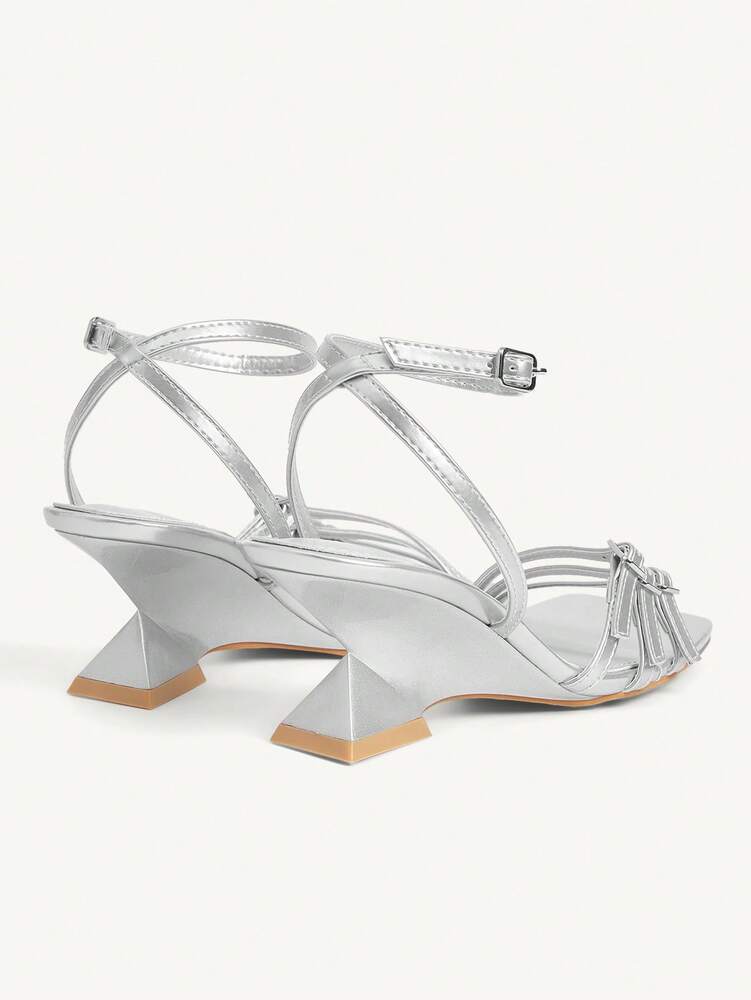 CUCCOO CHICEST Women's Silver Wedge Heel Sandals with Square Toe and Buckle Straps