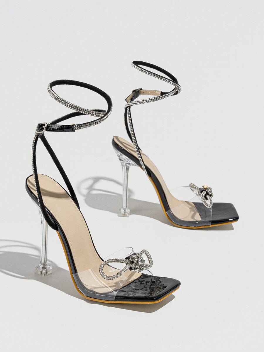 Women Silver Sandals Peep-Toe Open-Toe Band Strap With Rhinestone Buckle Bow-Knot