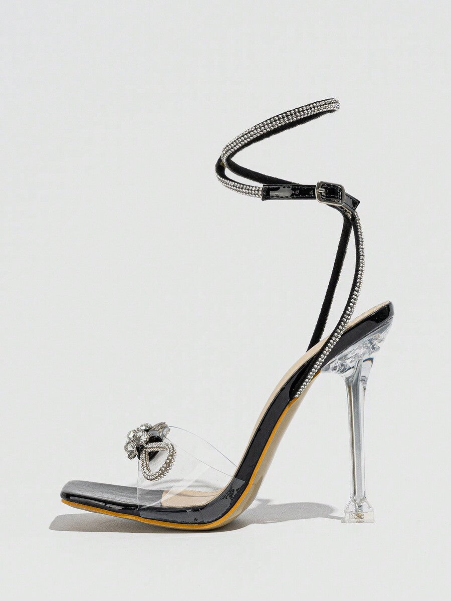Women Silver Sandals Peep-Toe Open-Toe Band Strap With Rhinestone Buckle Bow-Knot