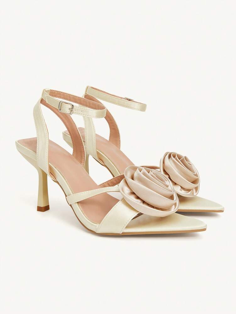 CUCCOO CHICEST Women’s Champagne Pointed Toe High Heel Sandals with Rose Flower Detail
