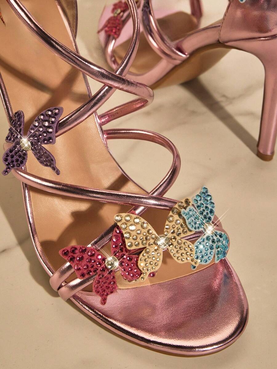 SHUZIA Women's White Lace-Up Sexy Heeled Sandals with Colorful Rhinestone Butterflies
