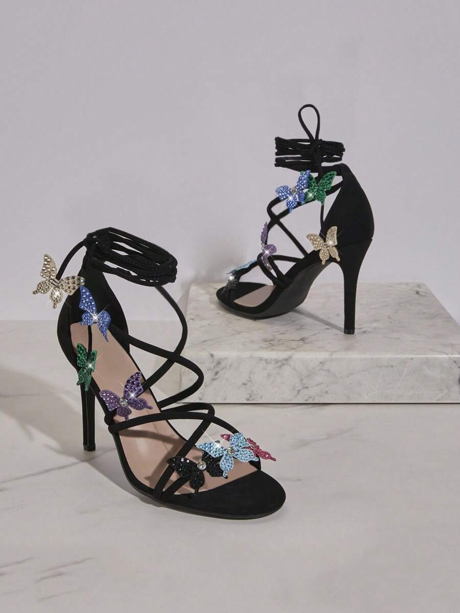 SHUZIA Women's White Lace-Up Sexy Heeled Sandals with Colorful Rhinestone Butterflies