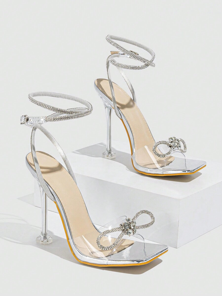 Women Silver Sandals Peep-Toe Open-Toe Band Strap With Rhinestone Buckle Bow-Knot