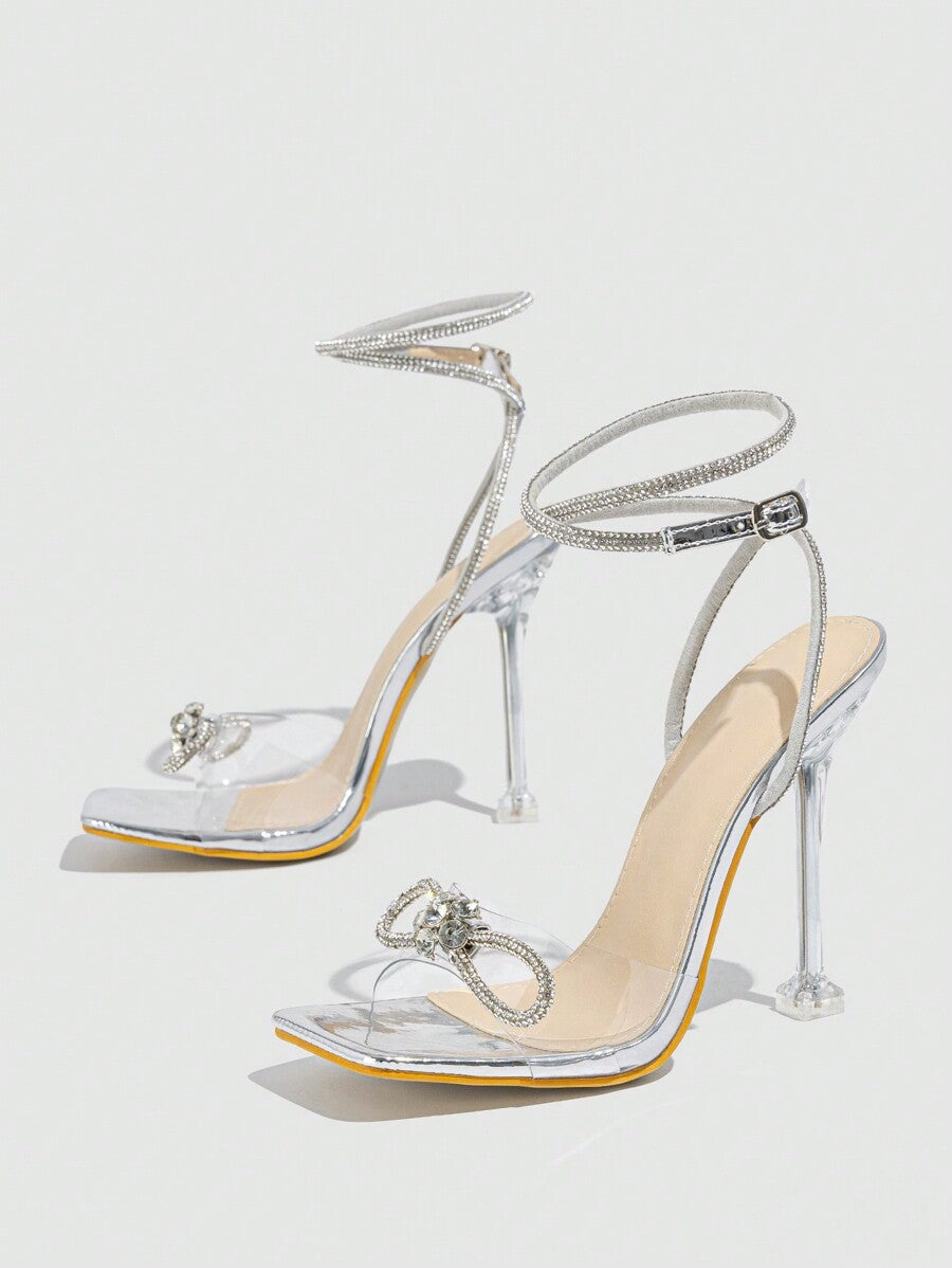 Women Silver Sandals Peep-Toe Open-Toe Band Strap With Rhinestone Buckle Bow-Knot