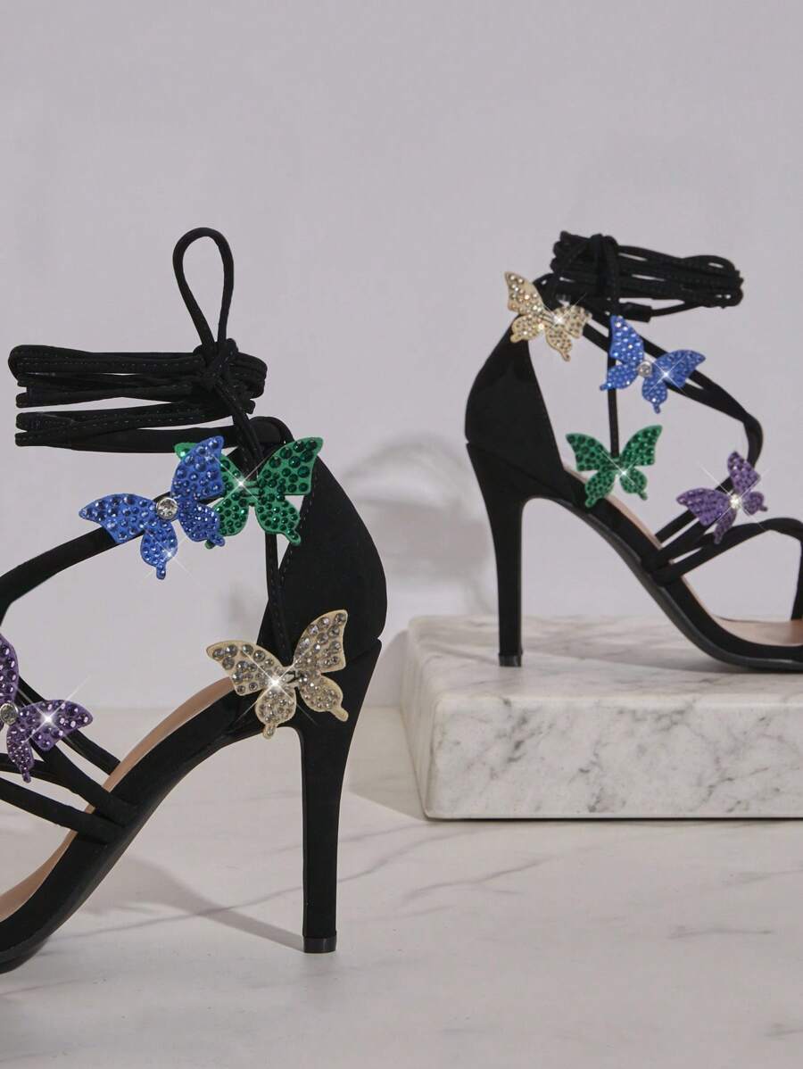 SHUZIA Women's White Lace-Up Sexy Heeled Sandals with Colorful Rhinestone Butterflies