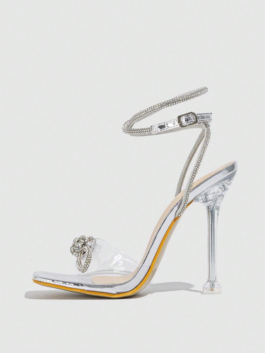 Women Silver Sandals Peep-Toe Open-Toe Band Strap With Rhinestone Buckle Bow-Knot