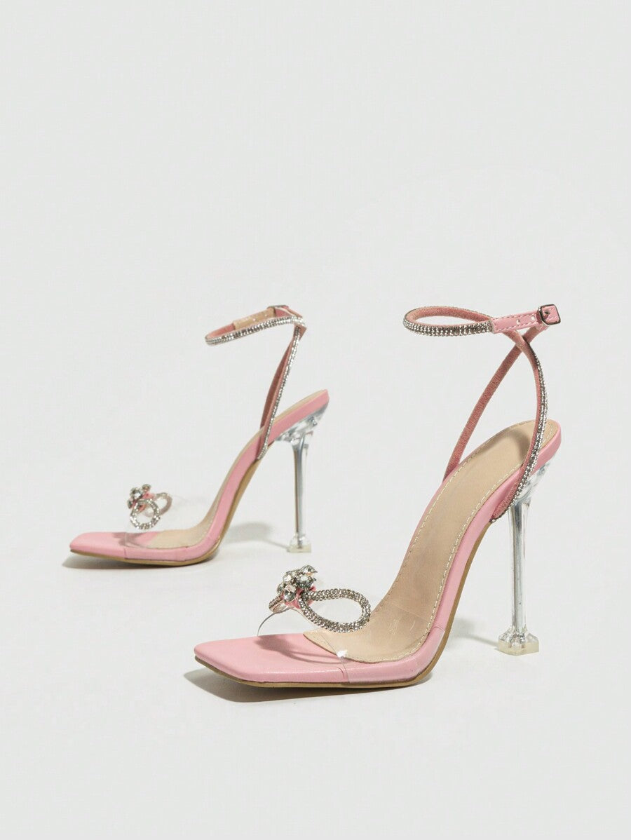 Women Silver Sandals Peep-Toe Open-Toe Band Strap With Rhinestone Buckle Bow-Knot