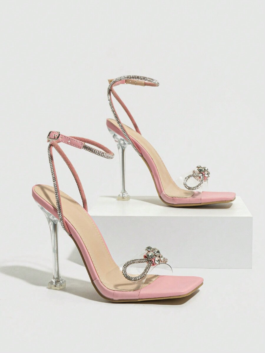 Women Silver Sandals Peep-Toe Open-Toe Band Strap With Rhinestone Buckle Bow-Knot