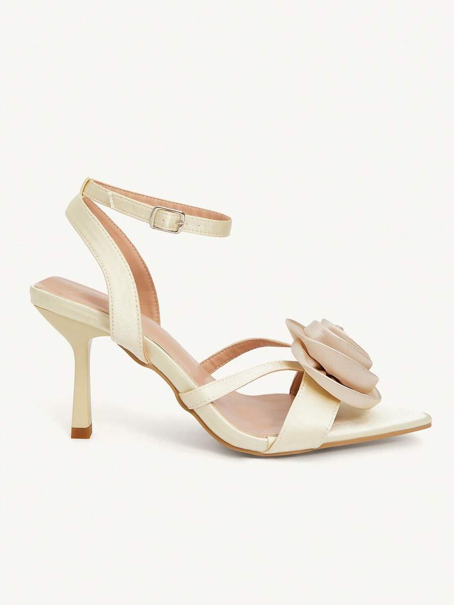 CUCCOO CHICEST Women’s Champagne Pointed Toe High Heel Sandals with Rose Flower Detail