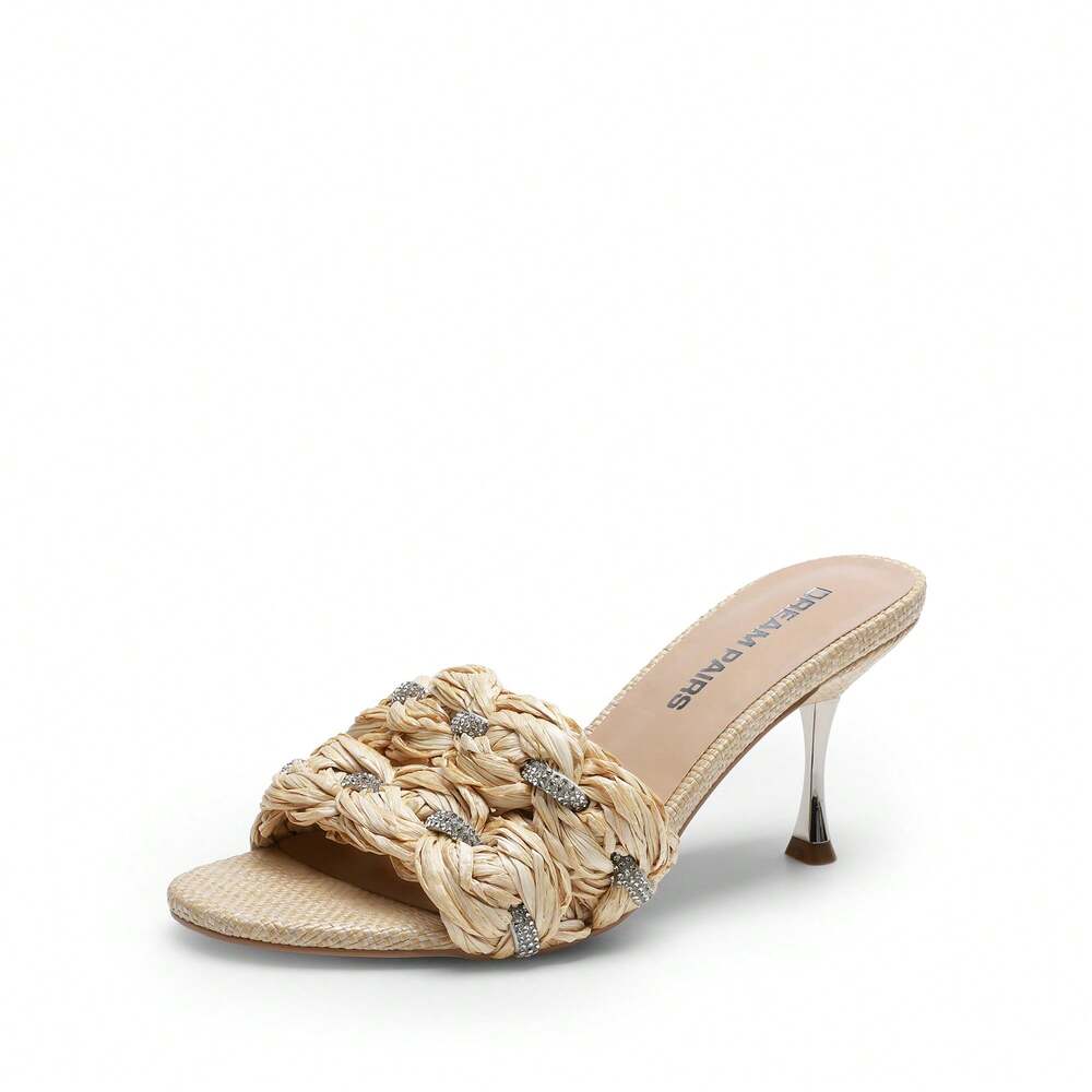 Women’s Woven Thong Kitten Heel Sandals – Square Open Toe Slip-On Slides (Nude)