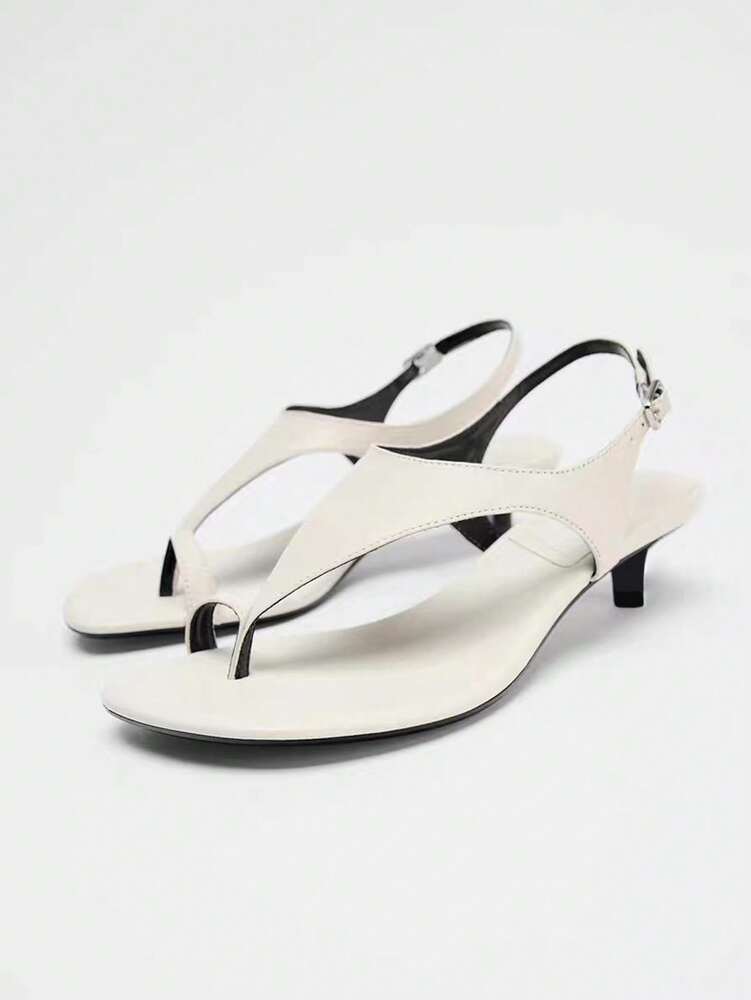2025 Spring & Summer Women’s White Leather Cat Heel T-Strap Sandals
