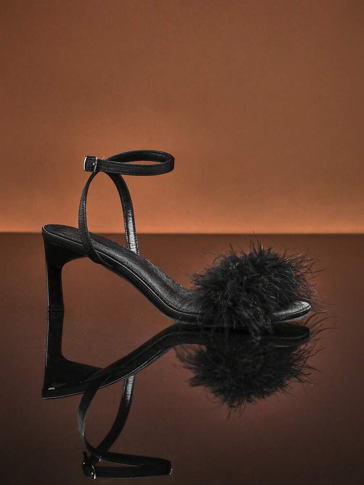 SHUZIA Women's Ankle Strap Stilettos with Artificial Fur Decor
