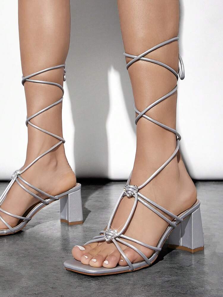 SHUZIA Women's High Heel Sandals With Rhinestone Embellished Cross Straps