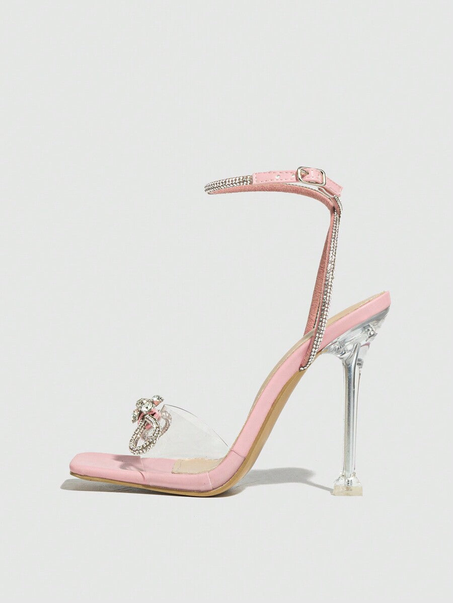 Women Silver Sandals Peep-Toe Open-Toe Band Strap With Rhinestone Buckle Bow-Knot