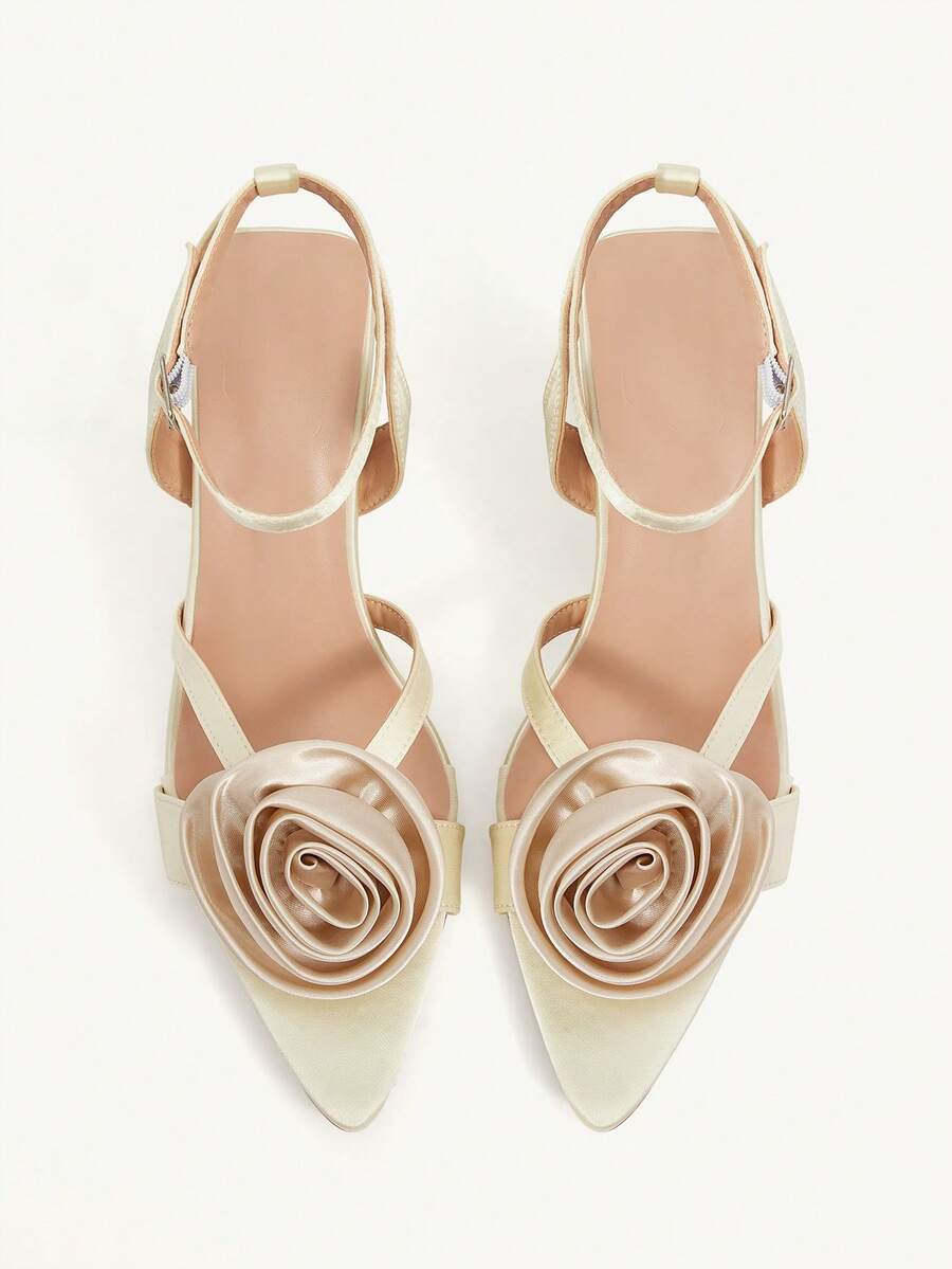 CUCCOO CHICEST Women’s Champagne Pointed Toe High Heel Sandals with Rose Flower Detail