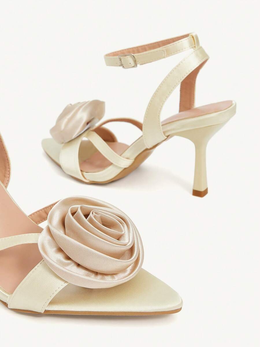 CUCCOO CHICEST Women’s Champagne Pointed Toe High Heel Sandals with Rose Flower Detail
