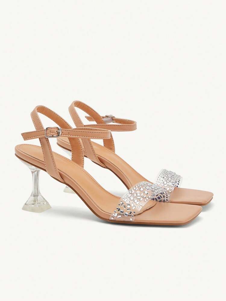 CUCCOO CHICEST Women's Pointed Toe Ankle Strap Glass Crystal Embellished Apricot High Heel Sandals