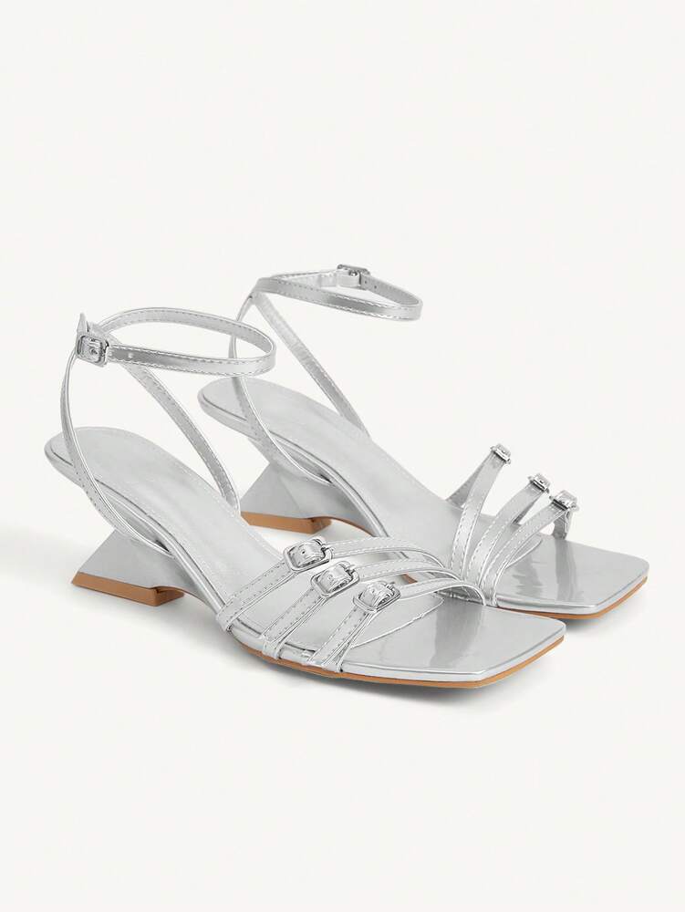 CUCCOO CHICEST Women's Silver Wedge Heel Sandals with Square Toe and Buckle Straps