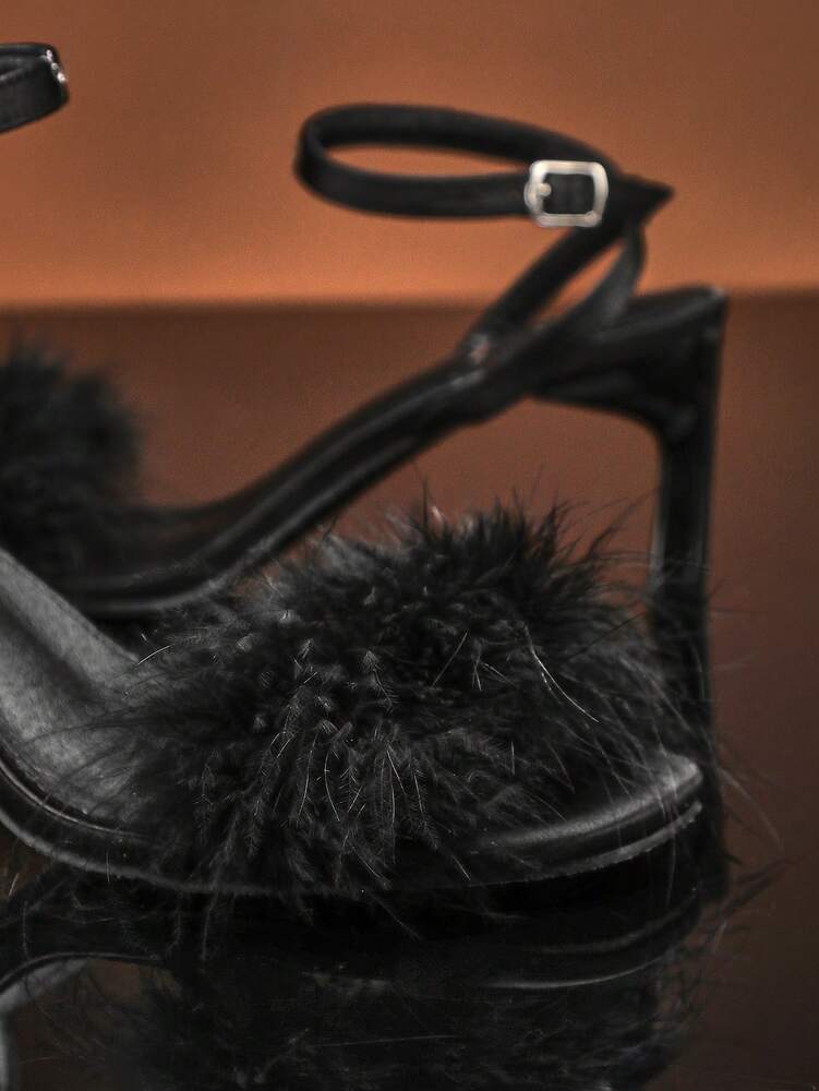 SHUZIA Women's Ankle Strap Stilettos with Artificial Fur Decor