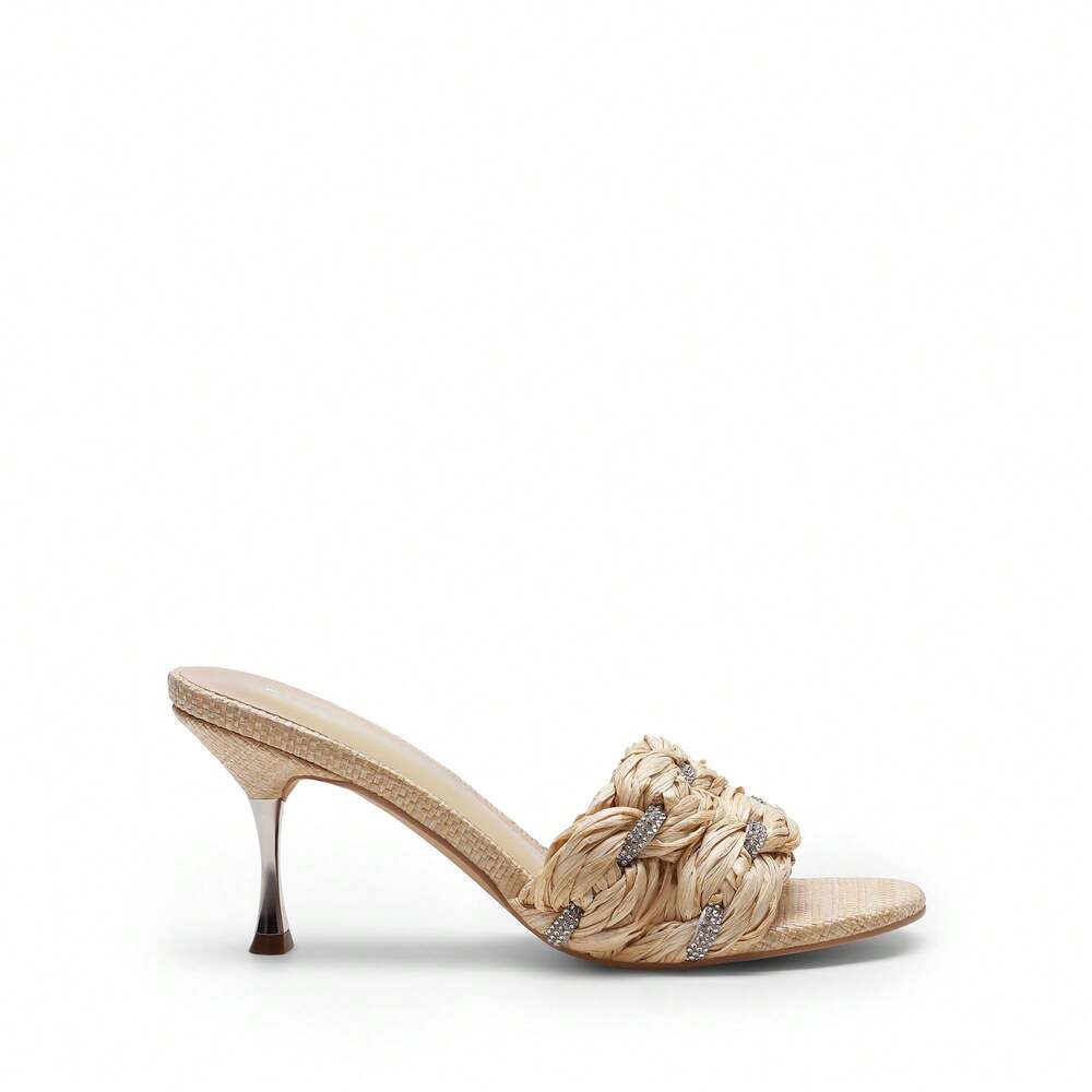Women’s Woven Thong Kitten Heel Sandals – Square Open Toe Slip-On Slides (Nude)