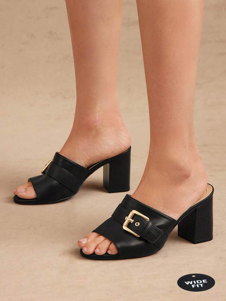 SHUZIA Women’s Peep Round Toe Buckle Decor Slide-On Wide Fit High Heel Sandals