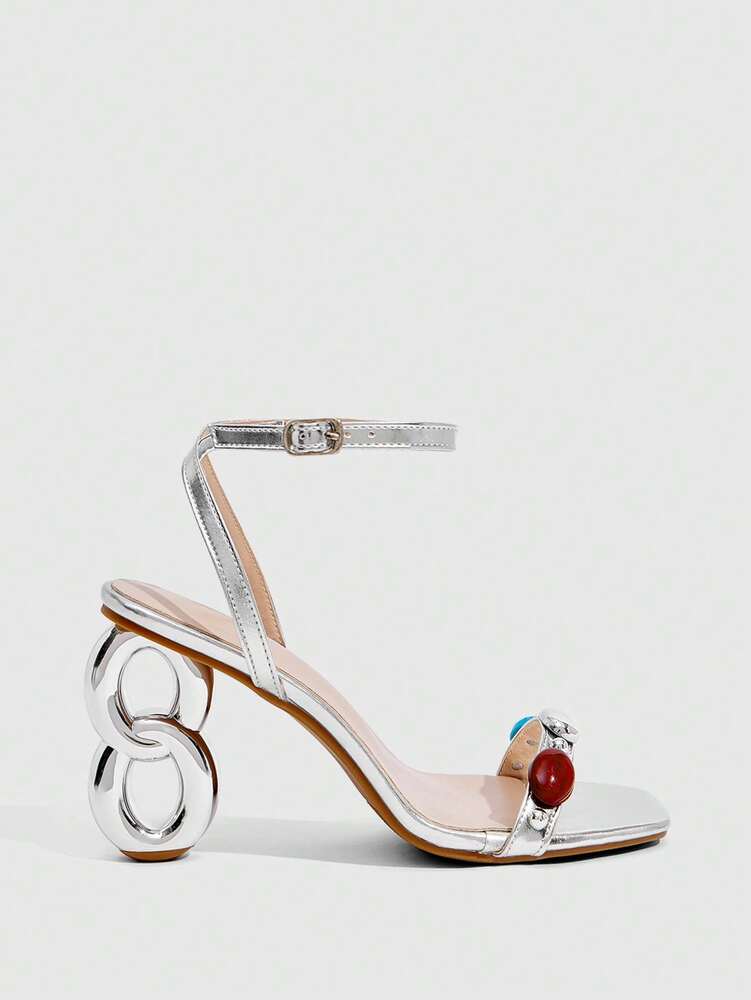 CUCCOO SZL Women's Square Toe Thick High Heel Sandals, Stylish Rhinestone Decor, Comfortable Outdoor And Party Wear