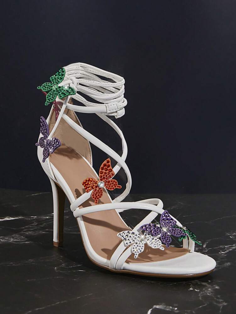 SHUZIA Women's White Lace-Up Sexy Heeled Sandals with Colorful Rhinestone Butterflies
