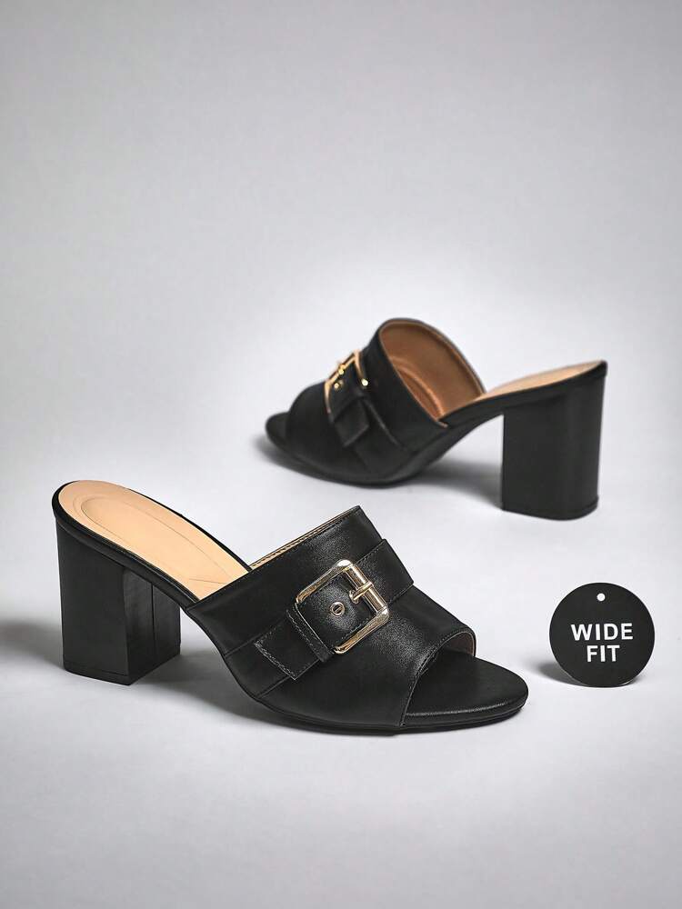 SHUZIA Women’s Peep Round Toe Buckle Decor Slide-On Wide Fit High Heel Sandals