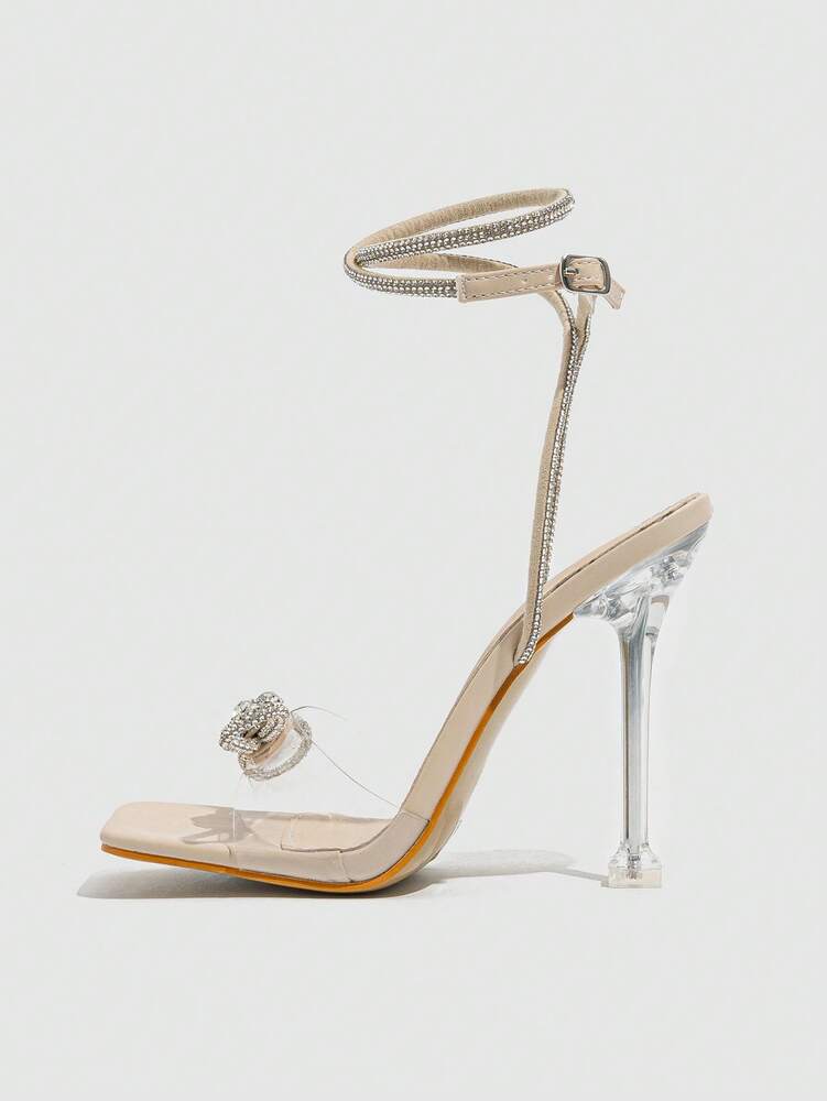 Women Silver Sandals Peep-Toe Open-Toe Band Strap With Rhinestone Buckle Bow-Knot