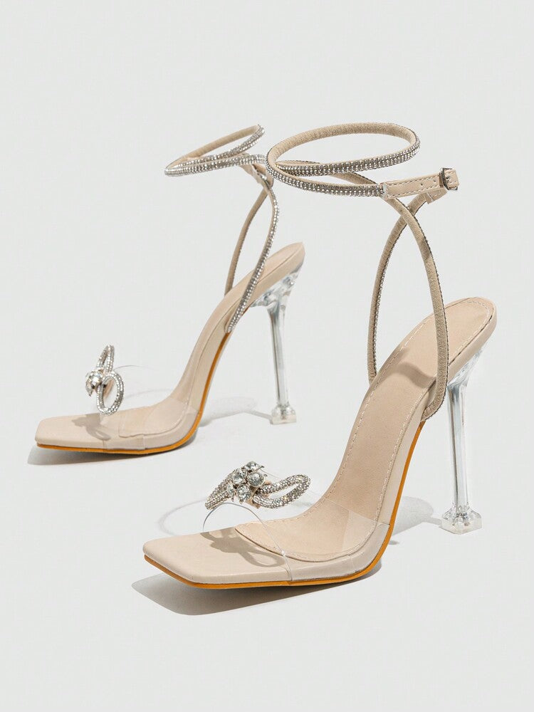 Women Silver Sandals Peep-Toe Open-Toe Band Strap With Rhinestone Buckle Bow-Knot