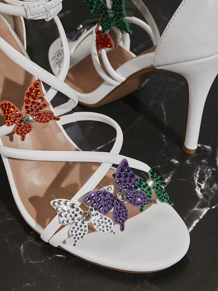 SHUZIA Women's White Lace-Up Sexy Heeled Sandals with Colorful Rhinestone Butterflies