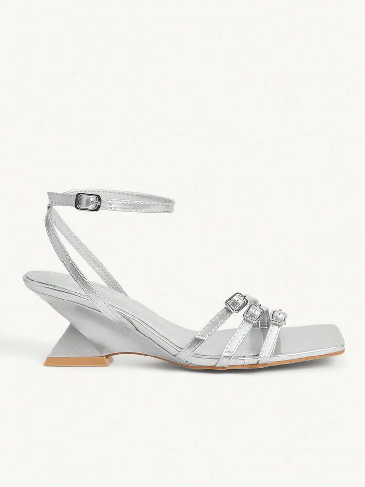 CUCCOO CHICEST Women's Silver Wedge Heel Sandals with Square Toe and Buckle Straps