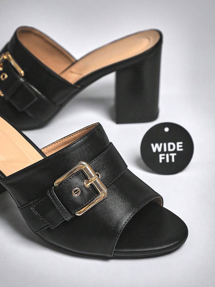 SHUZIA Women’s Peep Round Toe Buckle Decor Slide-On Wide Fit High Heel Sandals