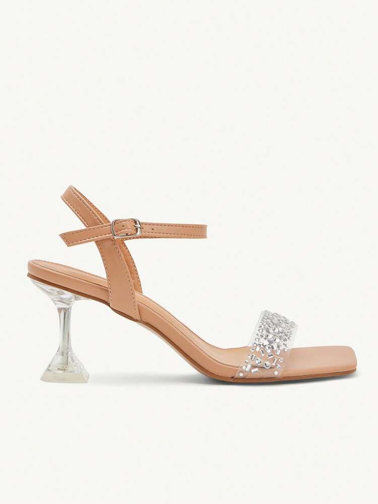 CUCCOO CHICEST Women's Pointed Toe Ankle Strap Glass Crystal Embellished Apricot High Heel Sandals