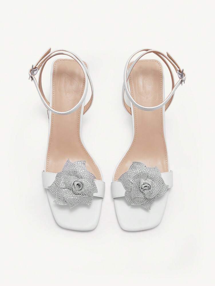 White Stiletto Sandals Rhinestone Flower Square Toe High Heels Women's Party Evening Occasion Elegant Lightweight Comfortable Synthetic Leather Shoes for Halloween Birthday Anniversary Gift
