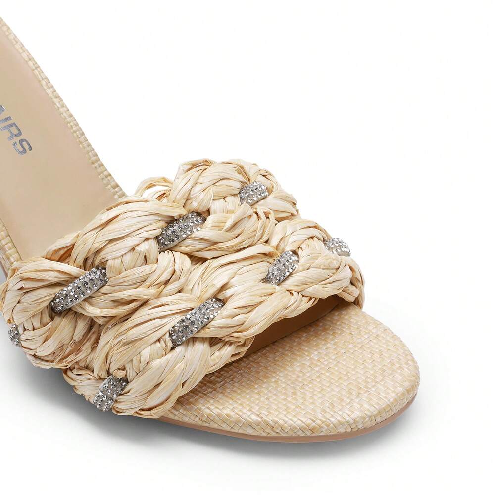 Women’s Woven Thong Kitten Heel Sandals – Square Open Toe Slip-On Slides (Nude)