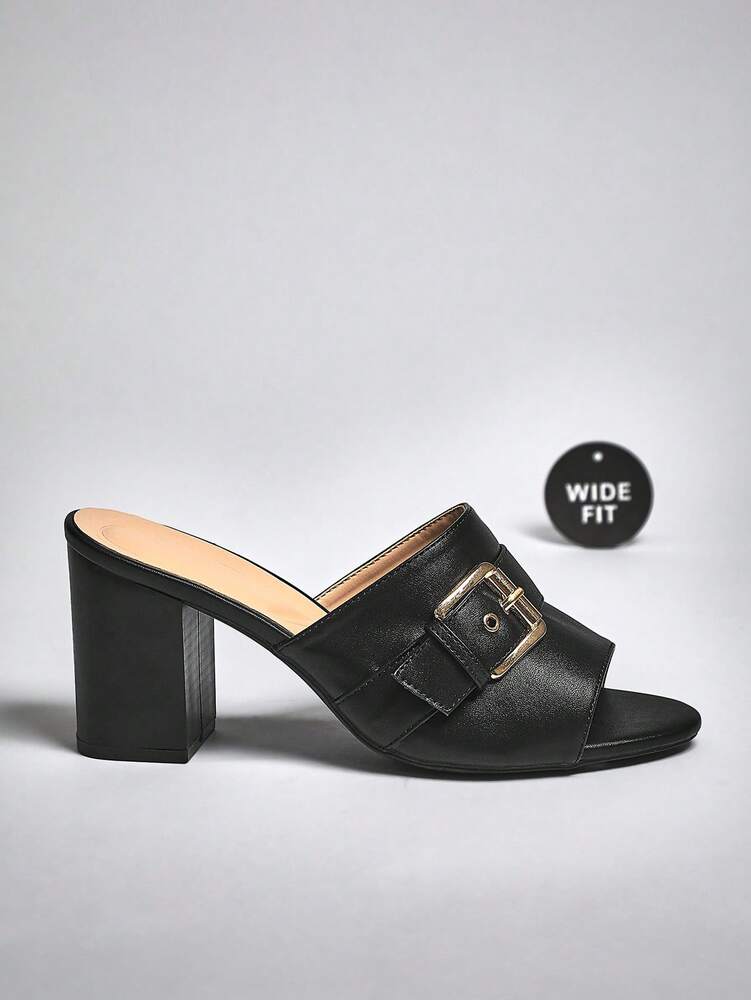 SHUZIA Women’s Peep Round Toe Buckle Decor Slide-On Wide Fit High Heel Sandals
