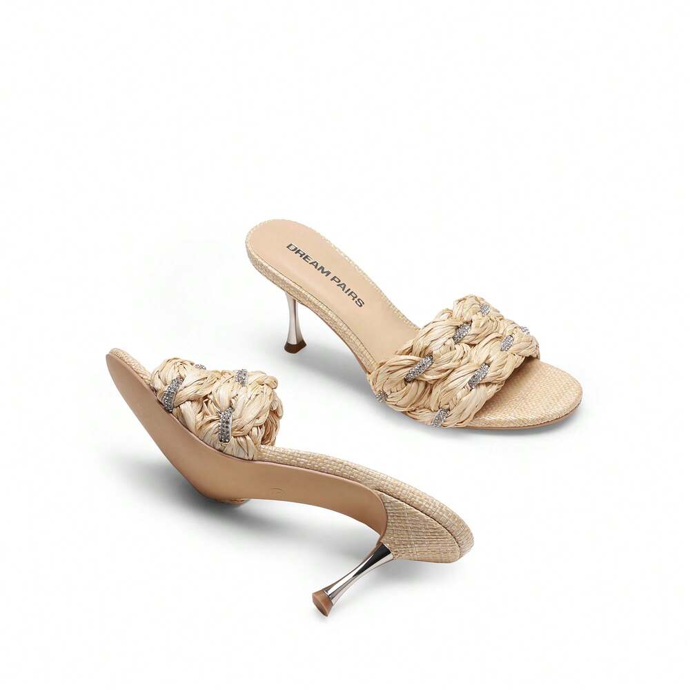 Women’s Woven Thong Kitten Heel Sandals – Square Open Toe Slip-On Slides (Nude)