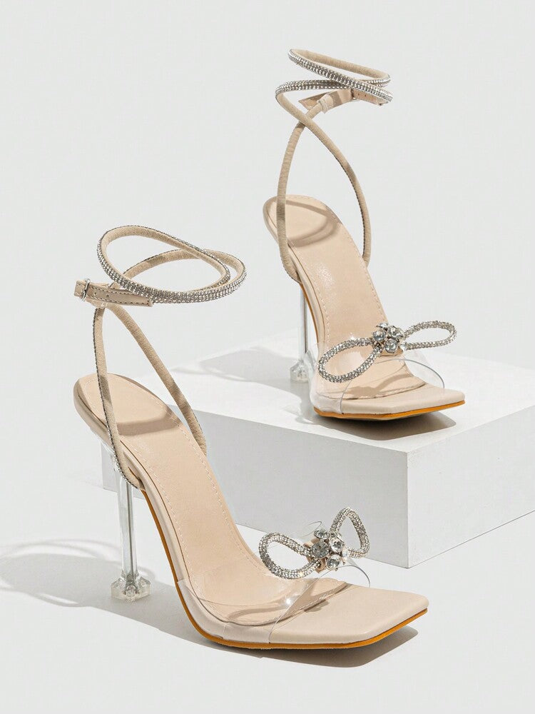 Women Silver Sandals Peep-Toe Open-Toe Band Strap With Rhinestone Buckle Bow-Knot