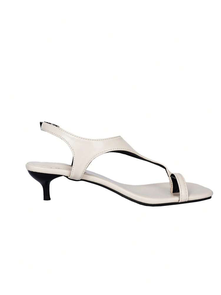 2025 Spring & Summer Women’s White Leather Cat Heel T-Strap Sandals
