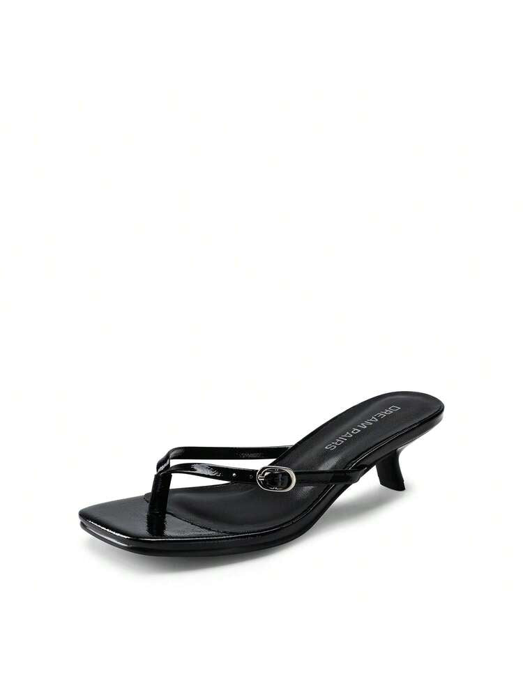 Women’s Woven Thong Kitten Heel Sandals – Square Open Toe Slip-On Slides (Nude)