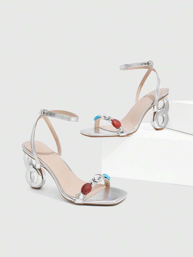 CUCCOO SZL Women's Square Toe Thick High Heel Sandals, Stylish Rhinestone Decor, Comfortable Outdoor And Party Wear