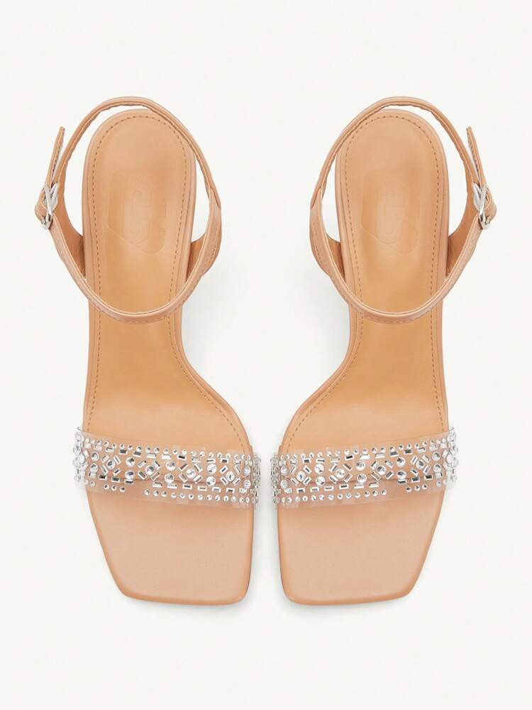 CUCCOO CHICEST Women's Pointed Toe Ankle Strap Glass Crystal Embellished Apricot High Heel Sandals
