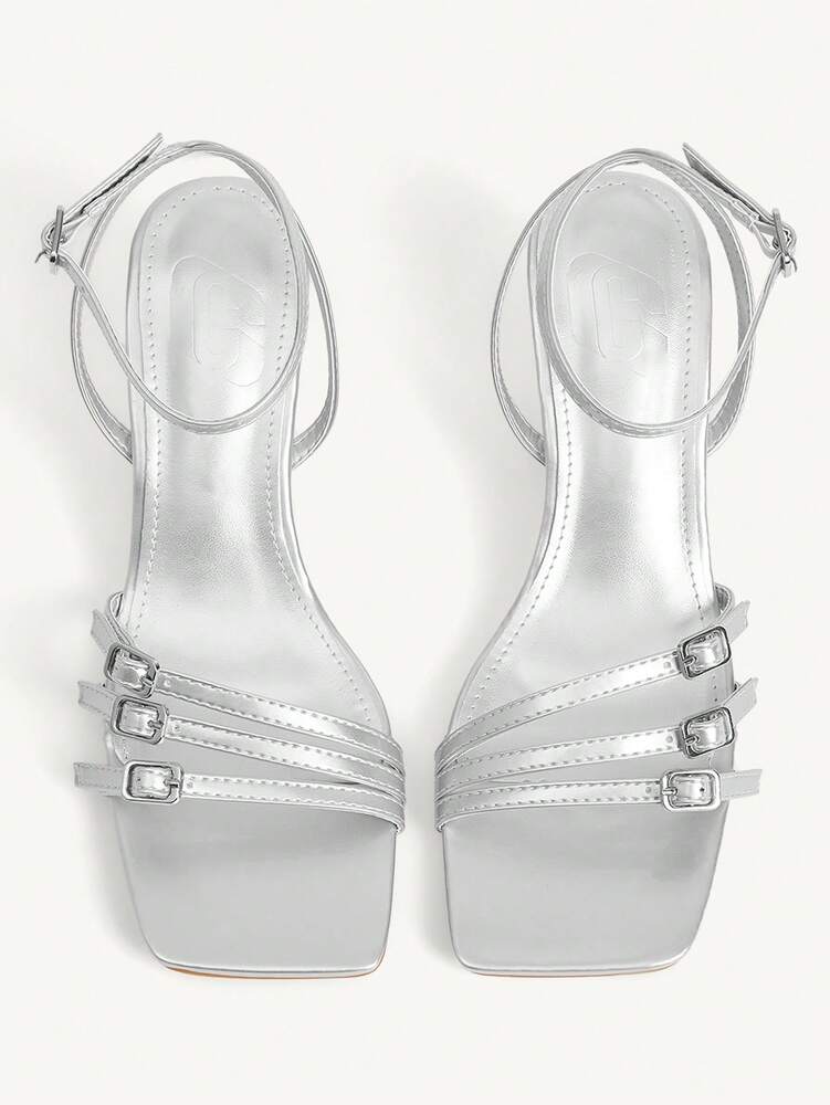 CUCCOO CHICEST Women's Silver Wedge Heel Sandals with Square Toe and Buckle Straps
