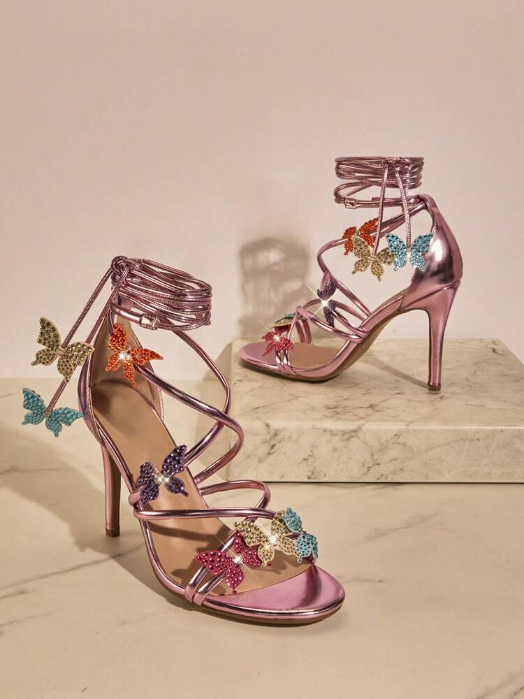 SHUZIA Women's White Lace-Up Sexy Heeled Sandals with Colorful Rhinestone Butterflies