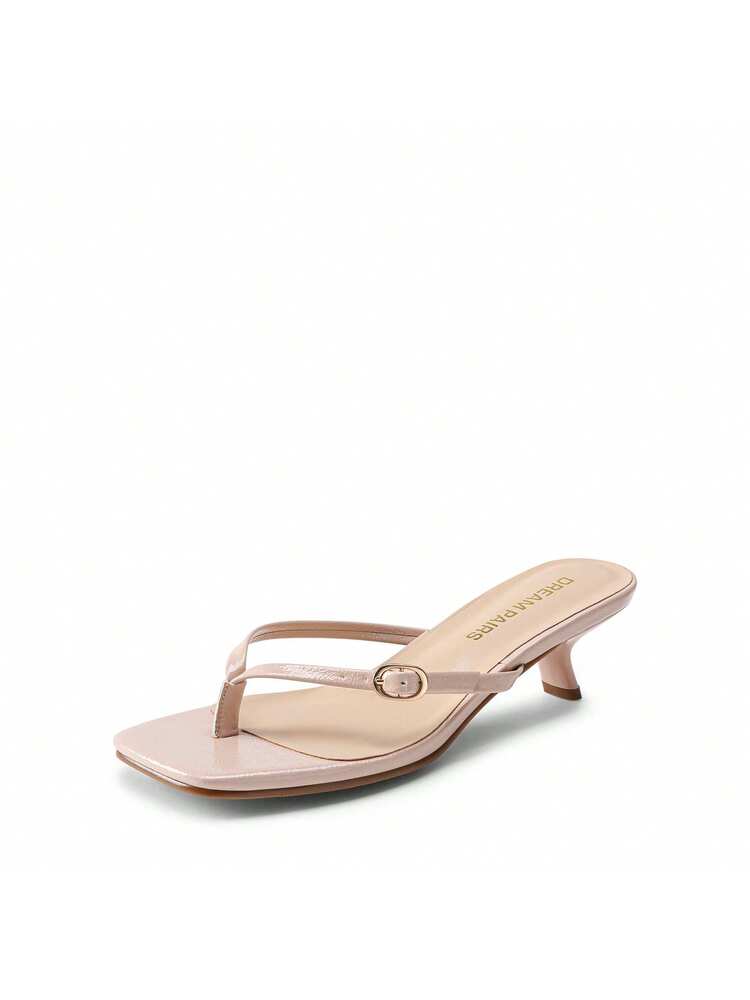 Women’s Woven Thong Kitten Heel Sandals – Square Open Toe Slip-On Slides (Nude)