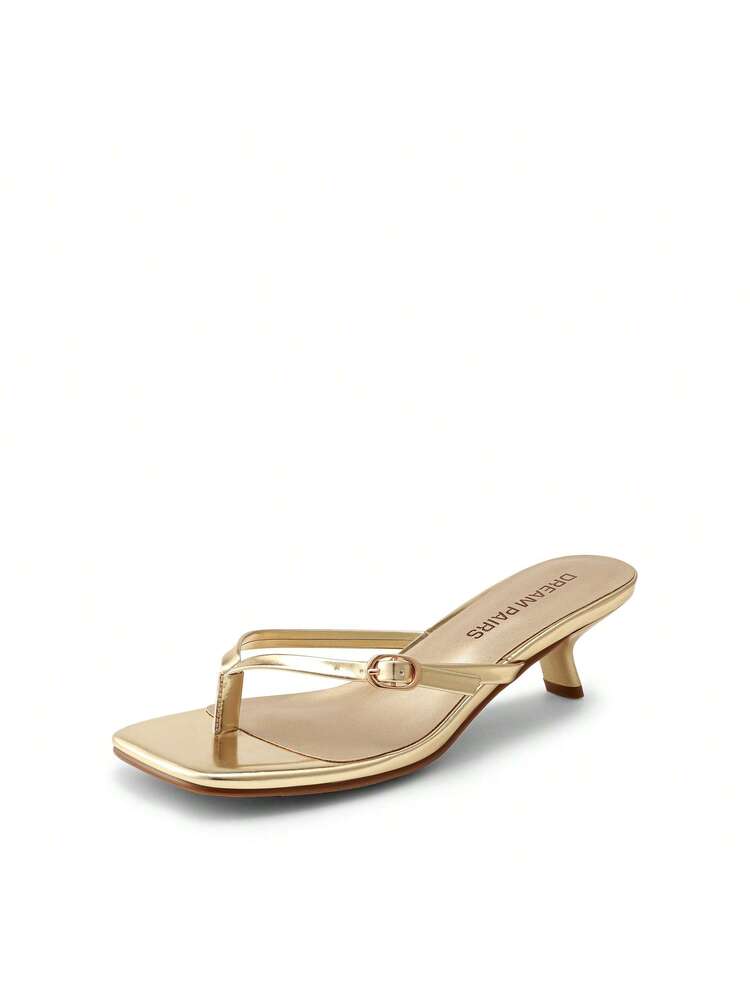 Women’s Woven Thong Kitten Heel Sandals – Square Open Toe Slip-On Slides (Nude)